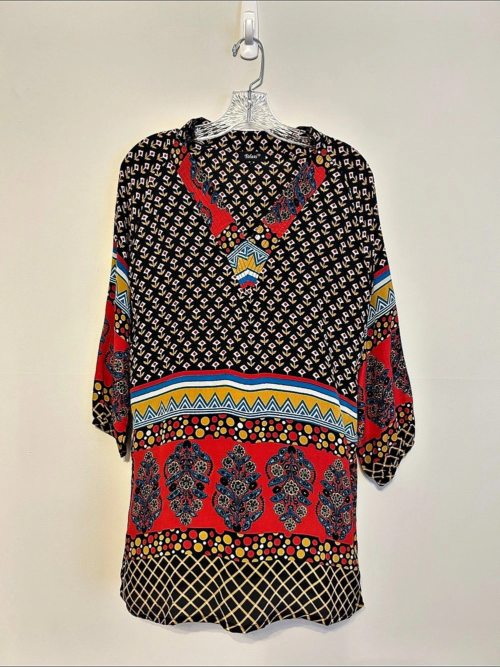 Tolani Printed Silk Tunic Black & Red Small Like New